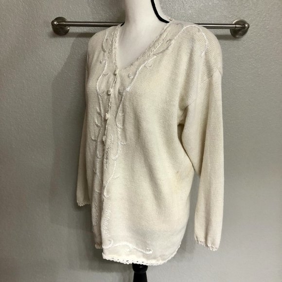 Cute Off White 90s Vintage V-Neck Cardigan Sweater - Size Medium - Picture 3 of 9